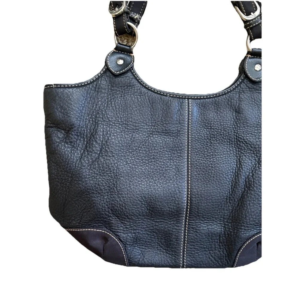The Sak Black Pebbled Leather Shoulder Bag Buckles Silver Hardware Stitching